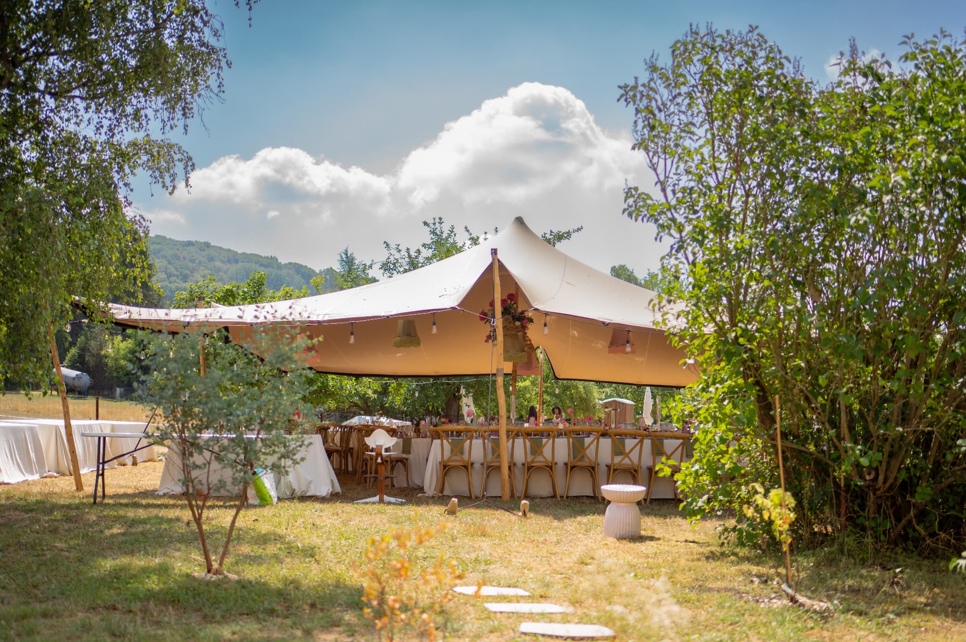 Reception tent set in a garden